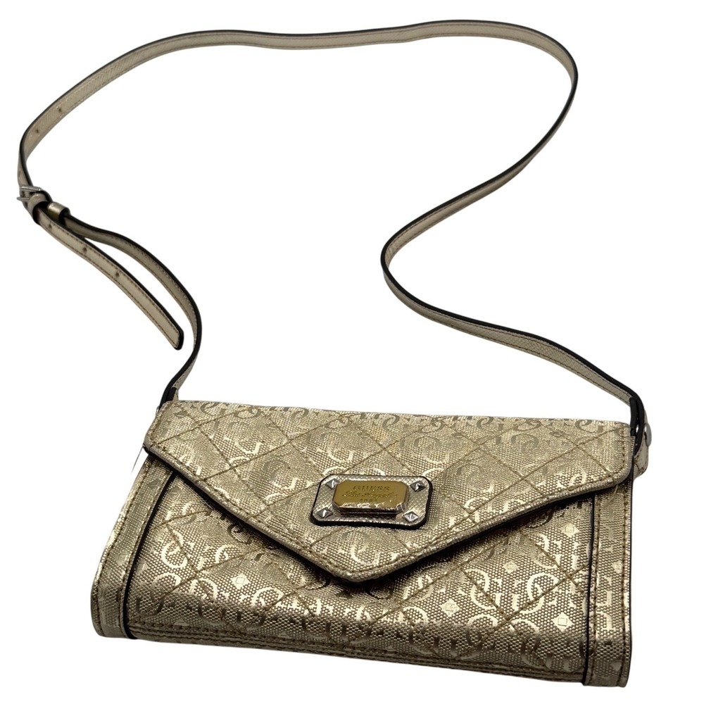 GUESS Crossbody Bag Small Gold Y2K Monogram Quilted Metallic Glam Baddie Purse